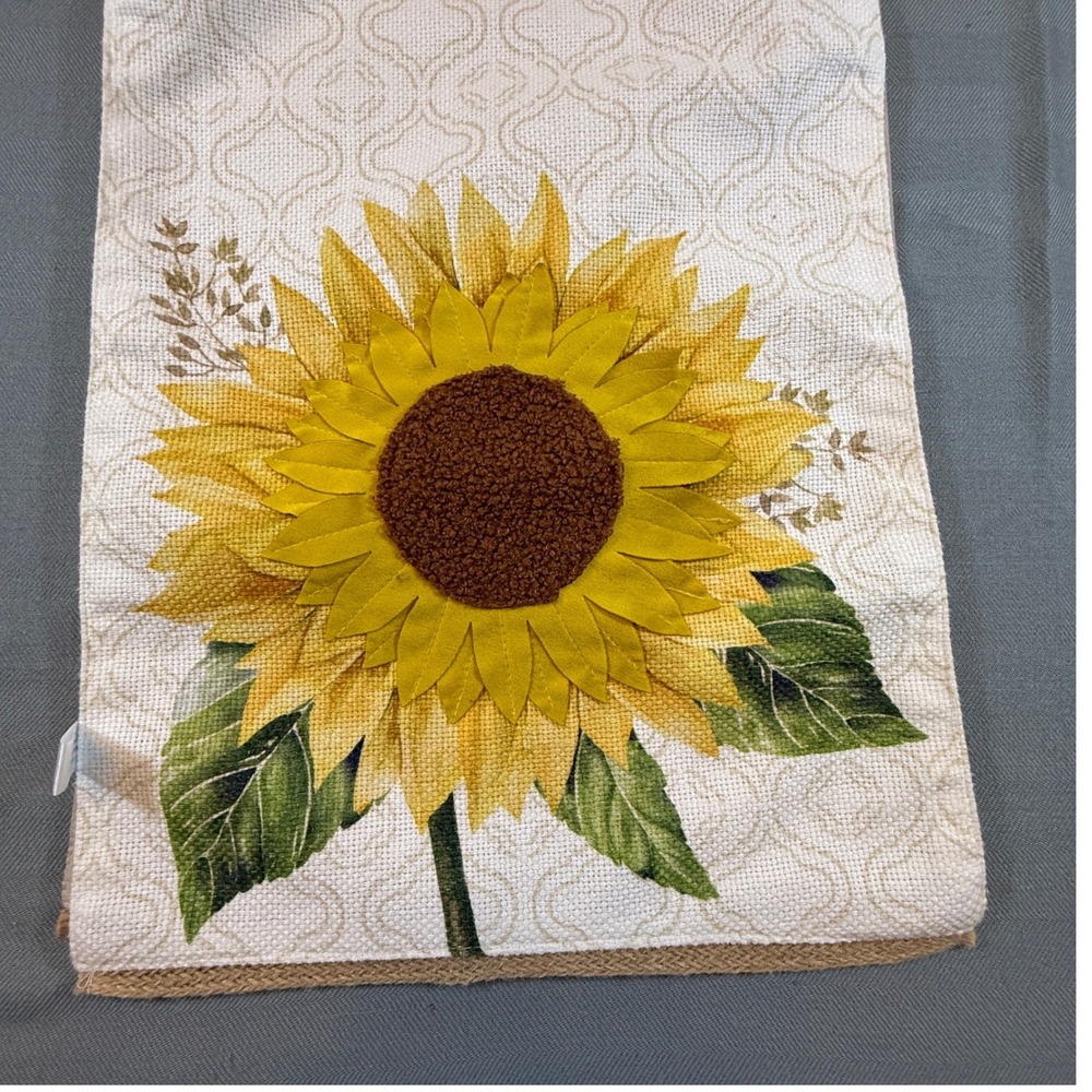 Rachel Ashwell The Farmhouse Sunflower Table Runner Yellow Floral Jute Trim 72in